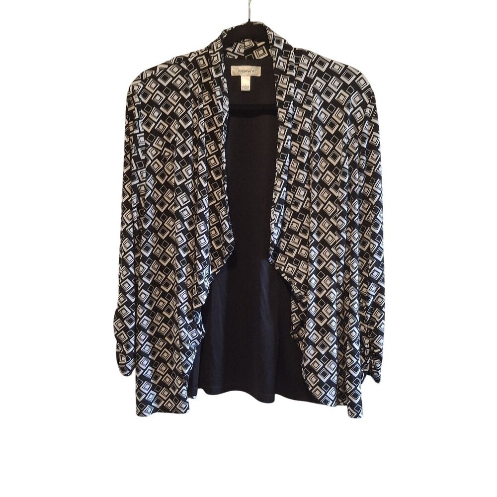 Dressbarn Womens Black & White Open-Front Cardigan Jacket With Geometric Print -